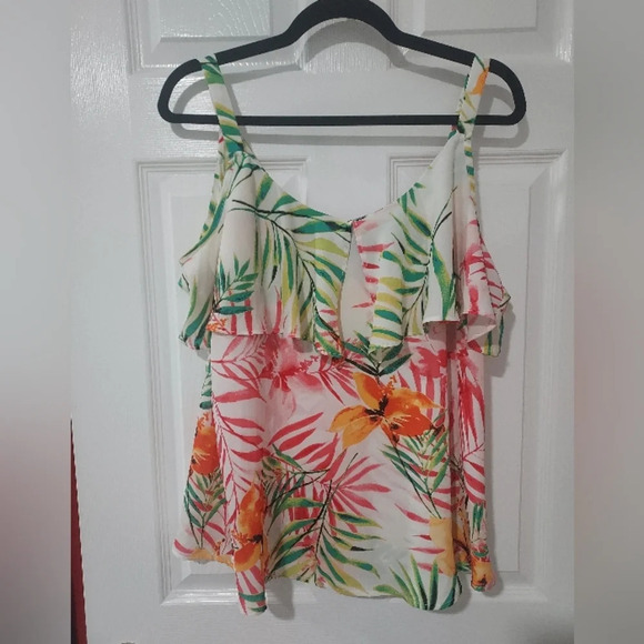 7th Avenue NY&CO Multicolored Floral Ruffled Cold-Shoulder Top in Size XL - Picture 2 of 9